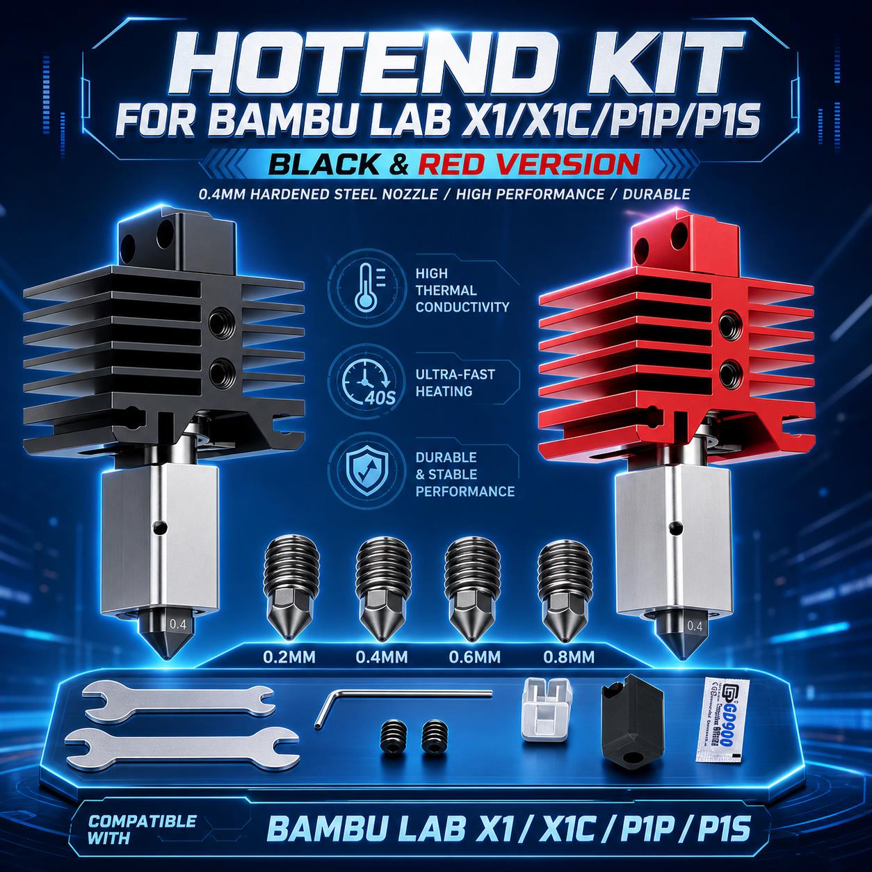 Nozzle 0.4Mm Hardened - Upgraded Hotend Kit for Bambu Lab